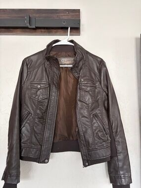Ci Sono Men's Brown Faux Leather Bomber Jacket